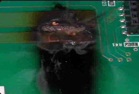 Thermal or burn damage on a circuit board